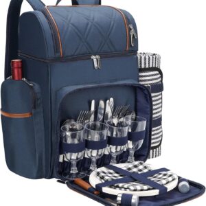 Picnic Backpack for 4, Insulated Cooler Bag with Blanket, Navy Blue